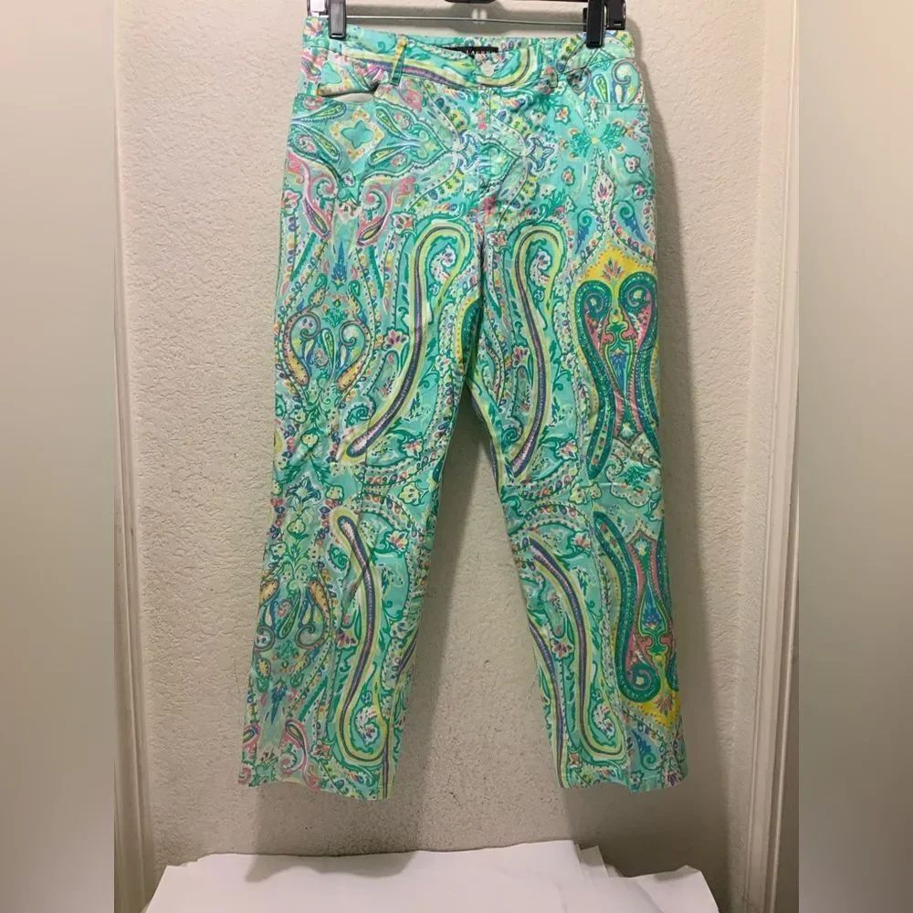 Ralph Lauren Cotton Pants 8 Green Paisley Cropped Paisley Black Label